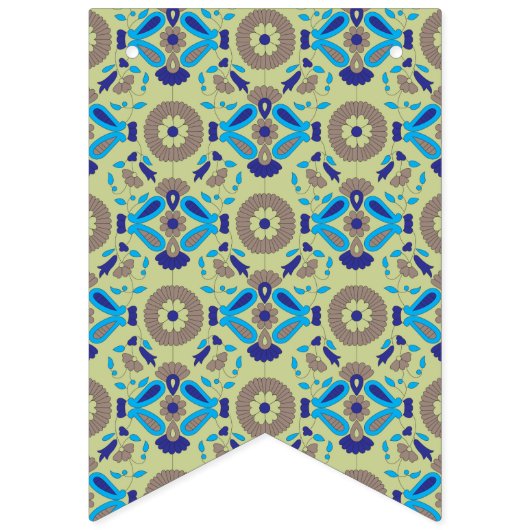 ein blaues und grünes Muster auf grünem Hintergrun Wimpelkette (Dritte Fahne)