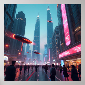 Ein Blick in das futuristische Stadtbild AI Poster