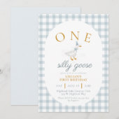 EIN Blöder Gans Blau Gingham Daisy Erster Geburtst Einladung (Vorne/Hinten)
