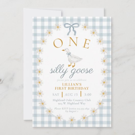 EIN Blöder Gans Blau Gingham Daisy Erster Geburtst Einladung (Vorderseite)