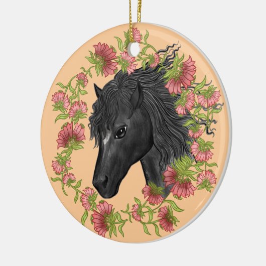 Ein blühendes schwarzes Pferd Keramik Ornament (Links)