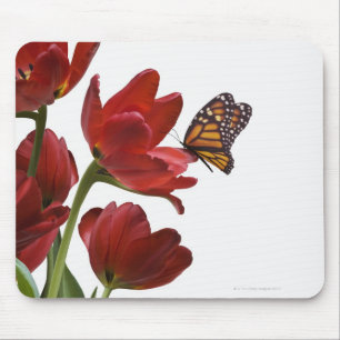 ein Blumenstrauß der roten Tulpen wird von einem Mousepad