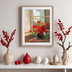 Ein Blumenstrauß mit Mohn am Fenster Poster