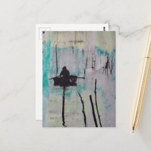 Ein Boot Mixed Media Collage Schwarz Weiß Blau Postkarte