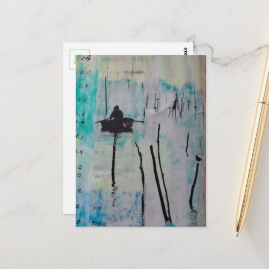 Ein Boot und ein Vogel Mixed Media Collage Postkarte (Vorderseite/Rückseite Beispiel)