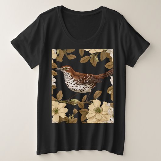Ein brauner Thrasher-Vogel, umgeben von Blume der Große Größe T-Shirt (Design vorne)