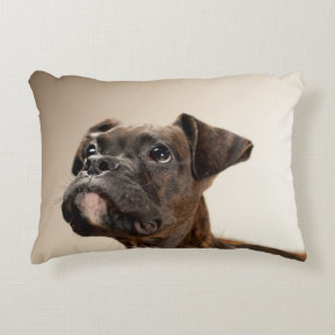 Ein Brindle Boxerwelpe, der oben neugierig schaut Zierkissen