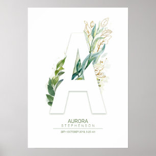 Ein Buchstabe Monogramm Gold Grünzeug Blätter Chic Poster