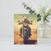 Ein Bulldogge fährt ein Motorrad in der Wüste Postkarte (Stehend Vorderseite)