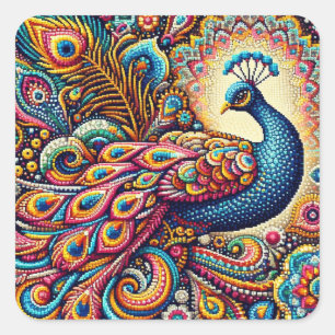 Ein buntes Bild eines Pointillismus-Paisley-Pfau Quadratischer Aufkleber