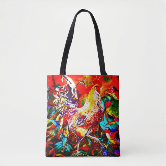 "Ein buntester Morgen-" Hahn und Kolibris Tasche (Vorderseite)