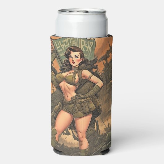 Ein Button-Up-Heldin in einer postapokalyptischen Selters Dosenkühler (Seltzer Rückseite)