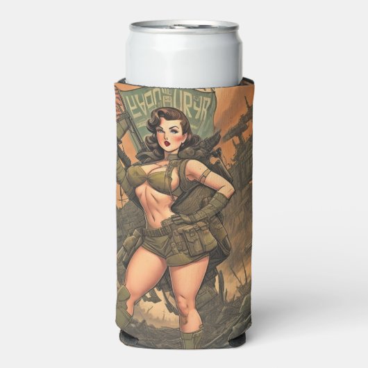 Ein Button-Up-Heldin in einer postapokalyptischen  Selters Dosenkühler (Seltzer Vorderseite)