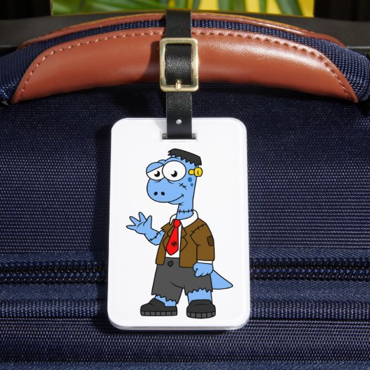 Ein Cartoon Brontosaurier verkleidete sich als Fra Gepäckanhänger (Vorderseite Insitu 2)