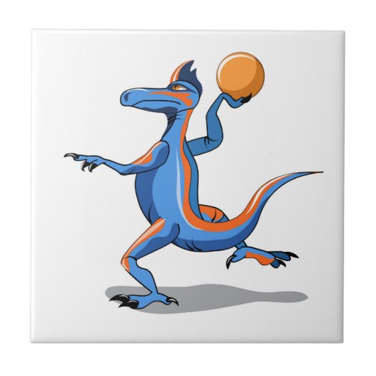 Ein Cartoon Iguanodon spielt Basketball. Fliese (Vorderseite)