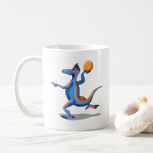 Ein Cartoon Iguanodon spielt Basketball. Kaffeetasse (Mit Donut)