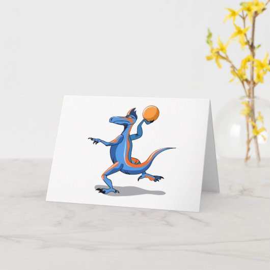 Ein Cartoon Iguanodon spielt Basketball. Karte (Gelbe Blume)
