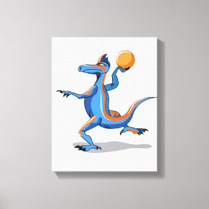 Ein Cartoon Iguanodon spielt Basketball. Leinwanddruck