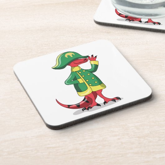Ein Cartoon Tyrannosaur Rex verkleidet als Napoleo Getränkeuntersetzer (Linke Seite)