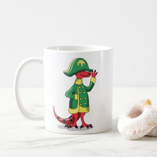 Ein Cartoon Tyrannosaur Rex verkleidet als Napoleo Kaffeetasse (Mit Donut)