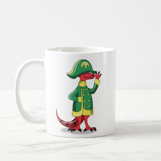 Ein Cartoon Tyrannosaur Rex verkleidet als Napoleo Kaffeetasse (Links)