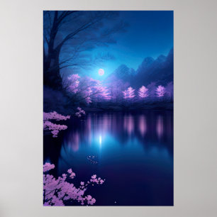 Ein Cherry Blossom See in der Nacht Poster