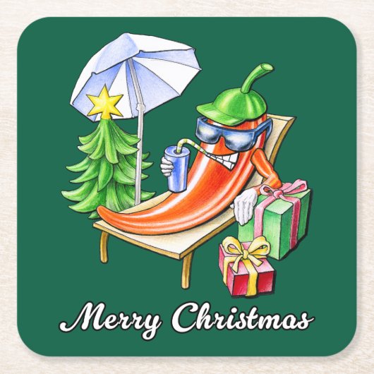 Ein Chili frohe Weihnachten unter Sonnenschirm und Rechteckiger Pappuntersetzer (Vorderseite)