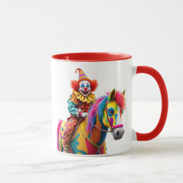 Ein Clown reitet auf ein Regenbogenpferd. Tasse