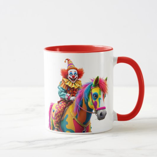 Ein Clown reitet auf ein Regenbogenpferd. Tasse (Rechts)