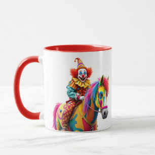 Ein Clown reitet auf einem Regenbogenpferd. Tasse
