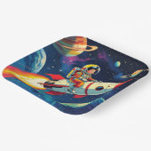 Ein Comic-Book-Style-Boy auf einer Rakete im Weltr Pappteller (Gewinkelt)