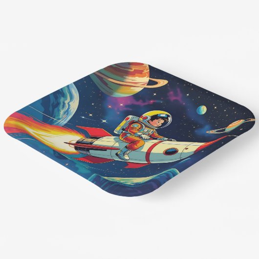 Ein Comic-Book-Style-Boy auf einer Rakete im Weltr Pappteller (Gewinkelt)