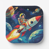 Ein Comic-Book-Style-Boy auf einer Rakete im Weltr Pappteller (Vorderseite)