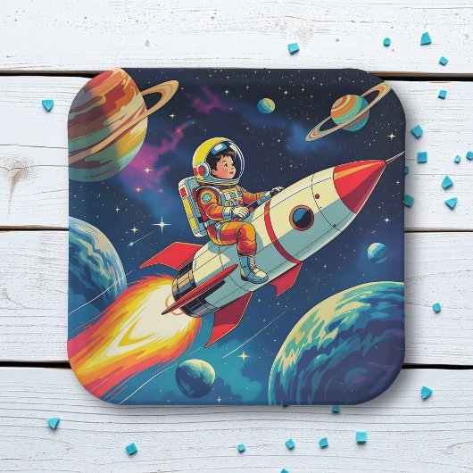 Ein Comic-Book-Style-Boy auf einer Rakete im Weltr Pappteller