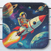 Ein Comic-Book-Style-Boy auf einer Rakete im Weltr Pappteller