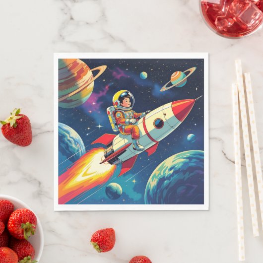 Ein Comic-Book-Style-Boy auf einer Rakete im Weltr Serviette (Beispiel)