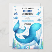 ein cooler Blauwal-Fisch 1. Geburtstag Einladung (Vorderseite)