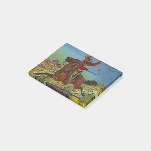 Ein Cowboy schwingt eine Lasso aus dem Pferd Post-it Klebezettel (angewinkelt)