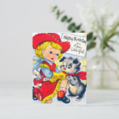 Ein Cowgirl und eine Welpe zum Geburtstag Postkarte (Stehend Vorderseite)