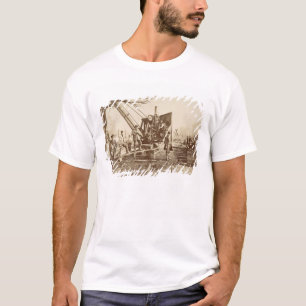 Ein Dampfkran in Kraft während des Gebäude von T-Shirt