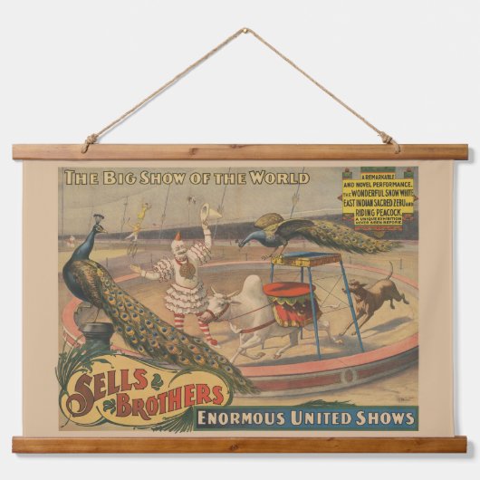 Ein Darstellender Zebu und Pfau mit Clowntrainer Wandteppich Mit Holzrahmen (Vorne)