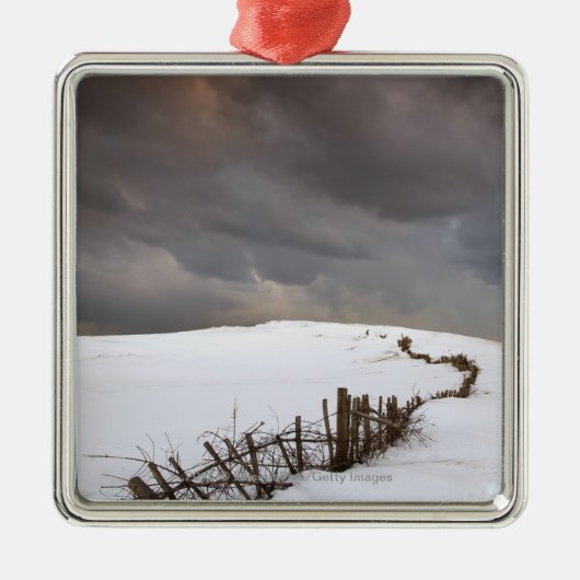 Ein defekter Zaun entlang einer Schnee Silbernes Ornament (Vorne)