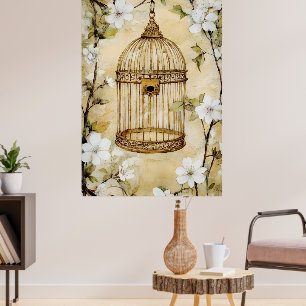 Ein dekorativer, vintage-Style-Vogelkäfig schwebt Poster