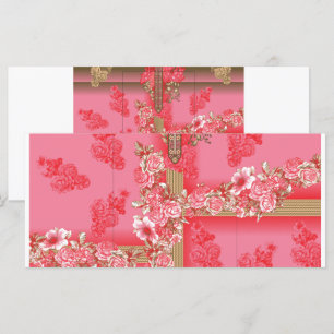 ein Design mit einem rosa und goldenen Hintergrund Menükarte