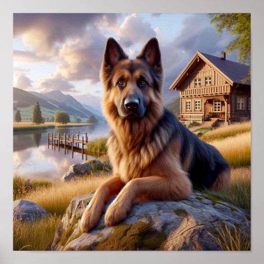 Ein deutscher Hirte in einer rustikalen Landschaft Poster (Vorne)