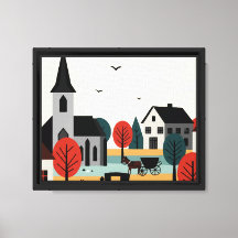 Ein Dorf, gezeichnet in einem Illustrationsstil