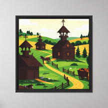 Ein Dorf, gezeichnet in einem Illustrationsstil