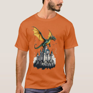 ein Drache, der über den T - Shirt eines Schlosses