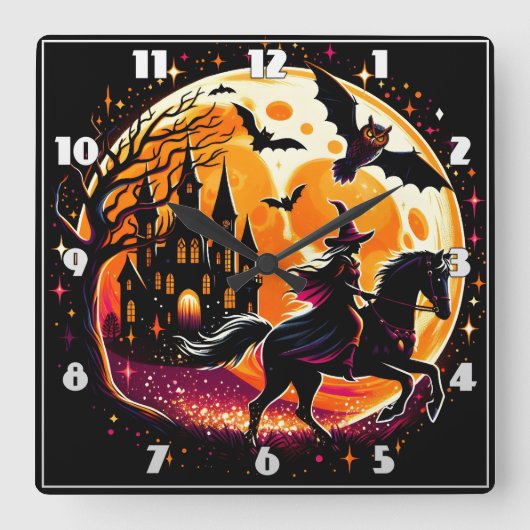 Ein dramatisches Halloween-Pferderennen unter Voll Quadratische Wanduhr (Vorderseite)
