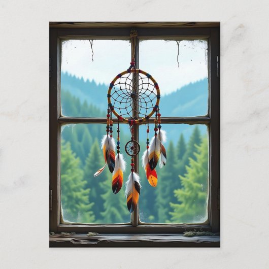 Ein Dreamcatcher in einem Fenster mit Blick auf di Postkarte (Vorderseite)